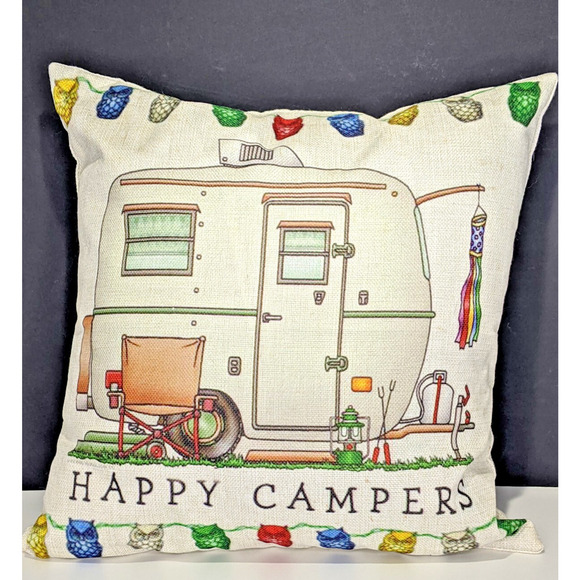 Happy Campers 17" Square Throw Pillow RV & Owl Design For Sofa Or Travel - Picture 4 of 5